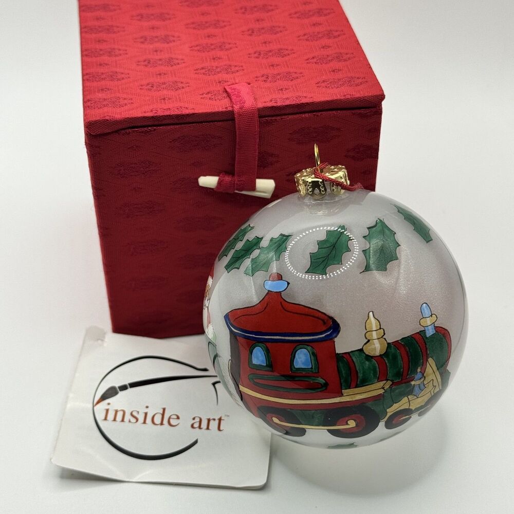 Vintage 1999 FIGI Inside Art Christmas Train Santa Reverse Painted Glass Ornamen